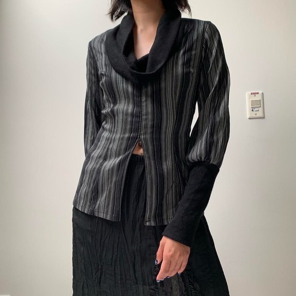 Black Grey Striped Cowl Neck Long Sleeve Top - Picture 1 of 6